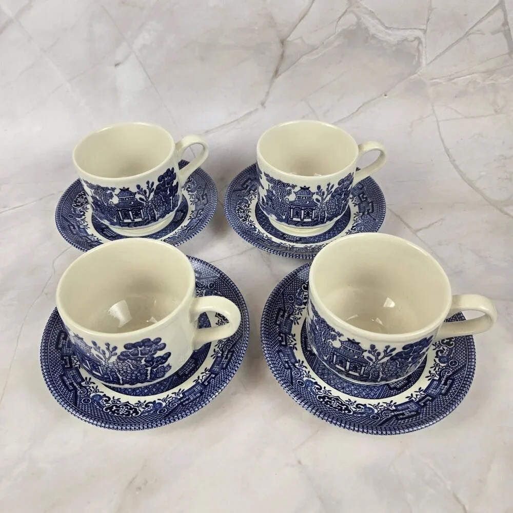 Vintage Set of 4 Churchill Blue Willow Coffee Cups and Saucers Made in England